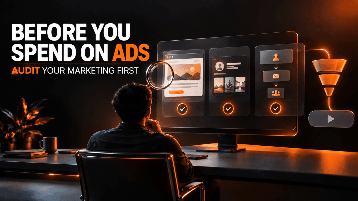 A marketing audit workspace showing customer journey, landing page and lead-flow checks