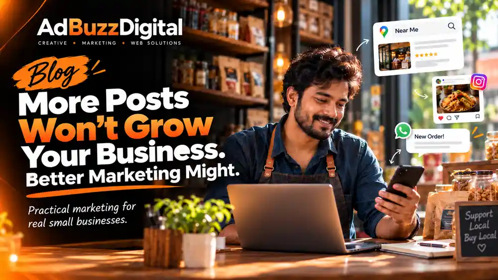 AdBuzz Digital article cover showing a local Indian shop owner and practical small business marketing with an orange and black headline